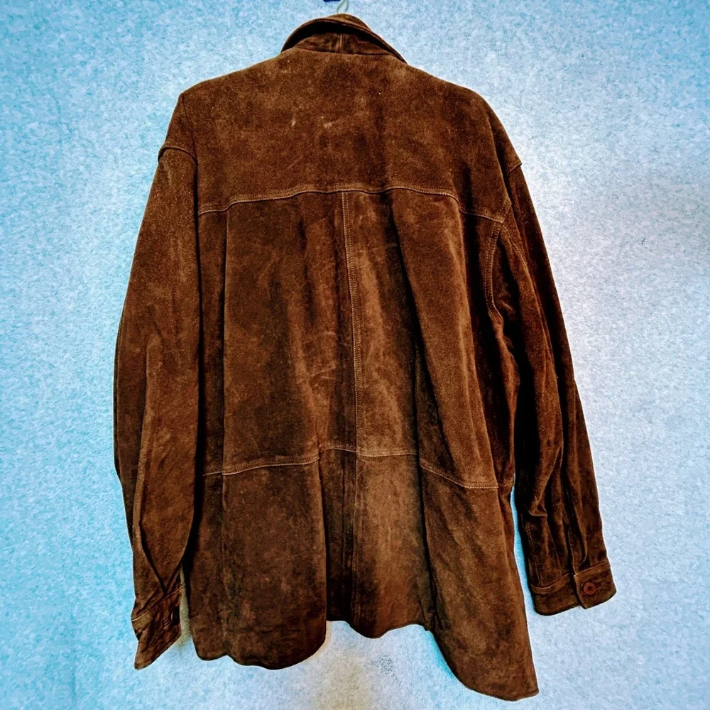Men's Heavy‎ Suede Leather Coat XL Brown Button Front Car Coat Vintage Workwear
